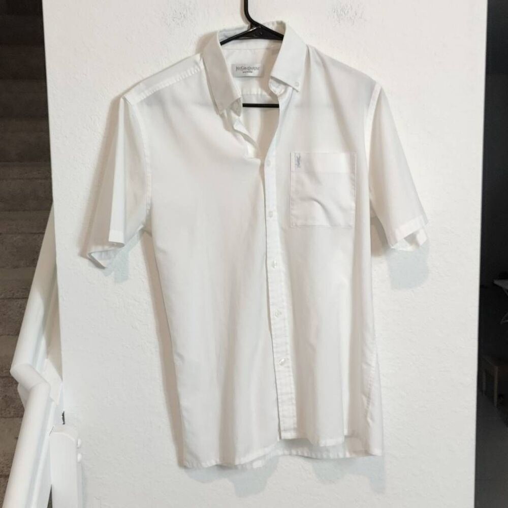 Yves Saint Laurent Button Up Short Sleeve Shirt-‎ Mens- Size S- White Blue